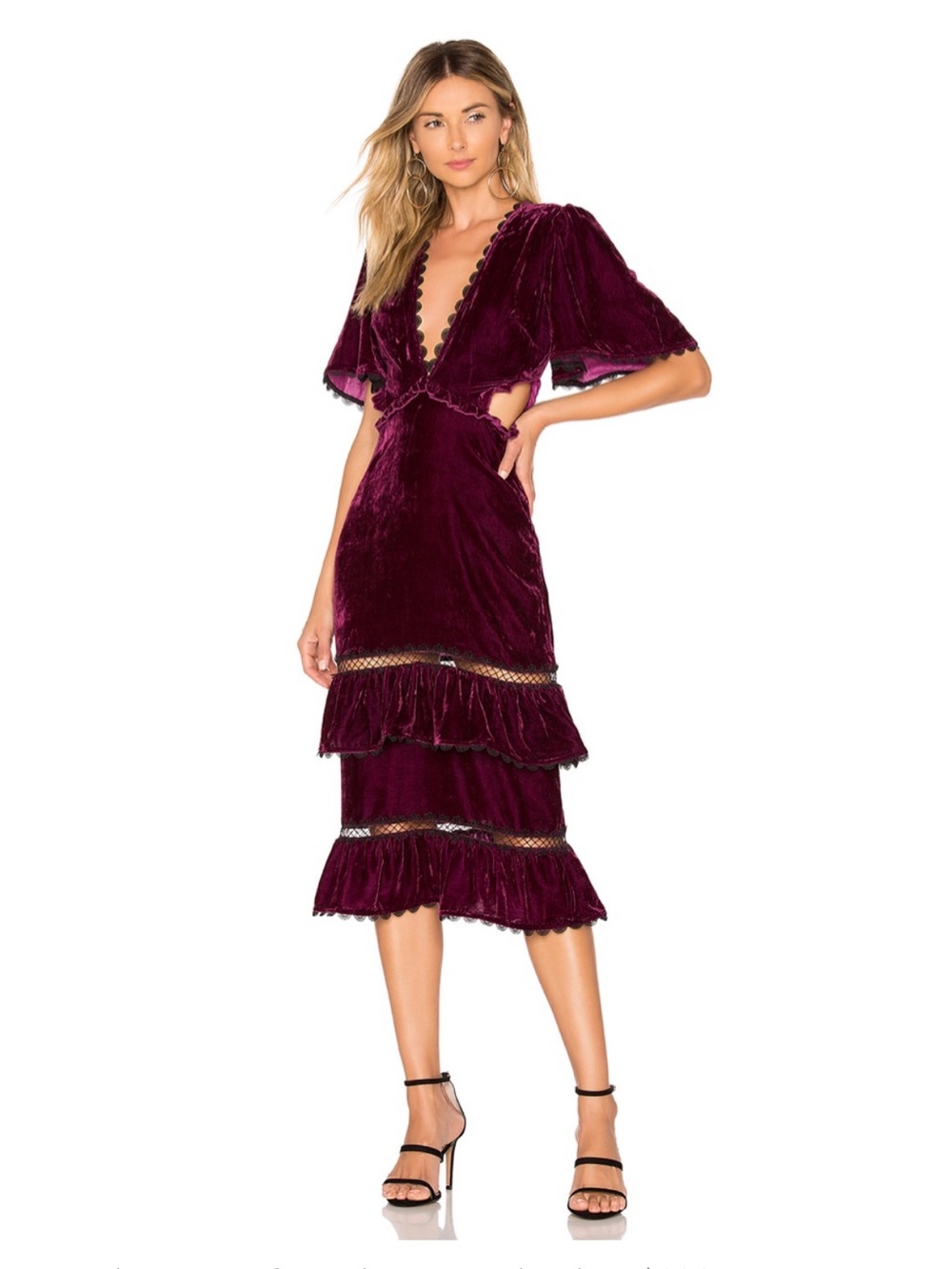 Tularosa Velvet Dress in Burgundy with Ruffle Detail Size L
